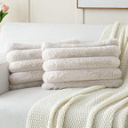 FUTEI Beige Decorative Throw Pillow Covers 12x20 Inch Set of 2, Square Soft Faux Rabbit Fur Thick Striped Lumbar Pillow Case,Spring Home Decor for Couch Bed Living Room