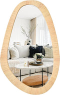 Rattan Mirror for Wall,30.5'' x 19.5" Wooden Framed Farmhouse Boho Wicker Coastal Irregular Vanity Mirror for Bathroom Living Room Entryway