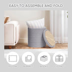PINPLUS Round Storage Ottoman Foot Rest Stool with Tray Velvet Sherpa Folding Storage Ottoman,Boucle Foot Rest for Living Room, Bedroom, Dorm（Grey）