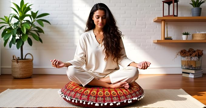 ICC 32 Inch Floor Pillows & Cushion Covers, Decorative Hippie Mandala Pouf Pillow Cover Bohemian Seating Meditation Cushion Cover, Large Boho Ottoman Case Pillowcase for Couch Round (Red)