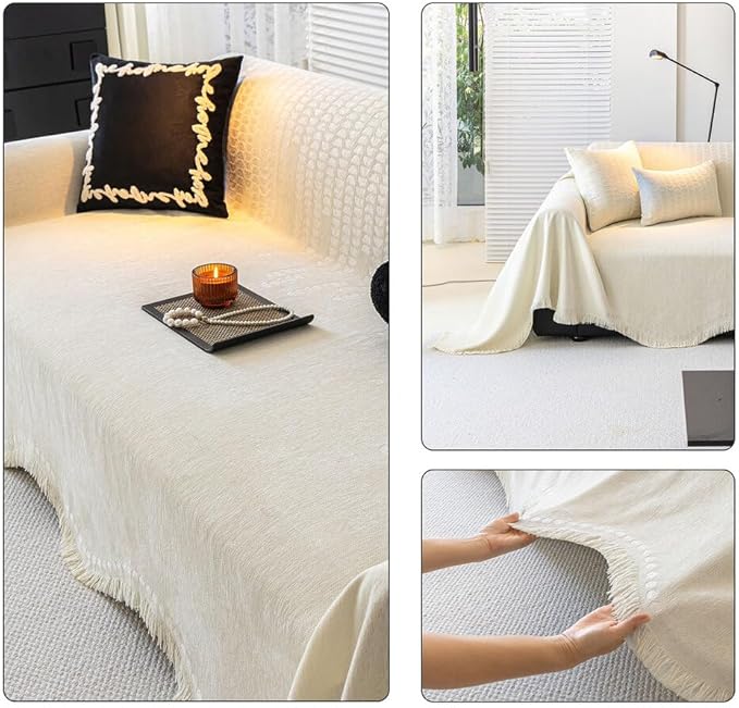 ROOMLIFE Boho White Couch Cover for Dogs, Washable Non Slip Furniture Protector Couch Sofa Covers for 3 Cushion Couch, Soft Chenille Couch Cover Throw Blanket with Tassels 71''X134''