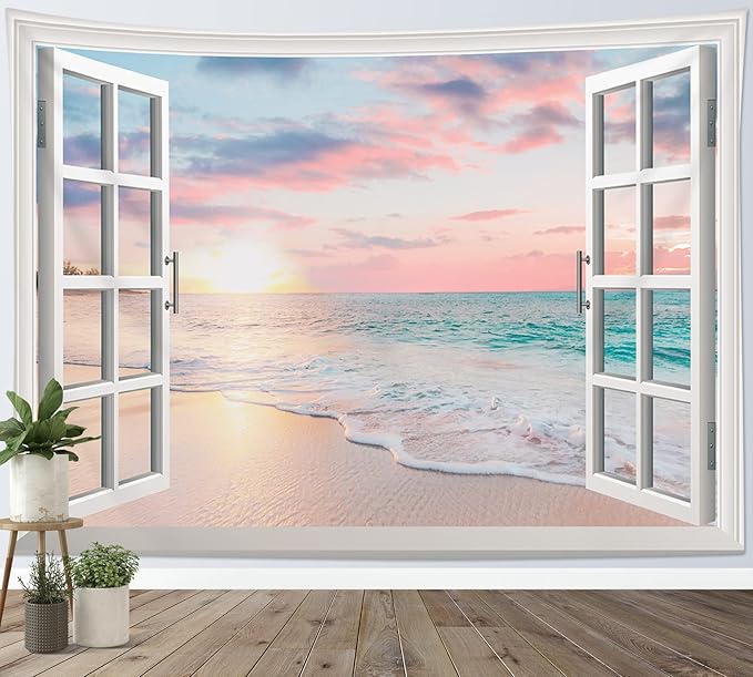 LB Ocean Tapestry Wall Hanging Sea Beach Sunset Wall Tapestry White Window Pink Sky Landscape Tapestries for Bedroom Living Room Dorm Home Wall Decor 60x40 Inches