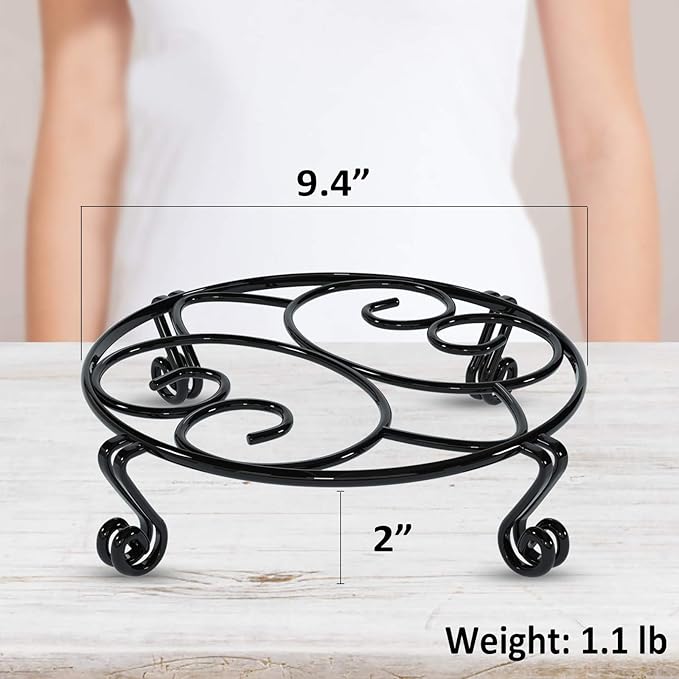 Yimobra Original Patented Plant Stand for Flower Pot Heavy Duty Potted Holder Indoor Outdoor Metal Rustproof Iron Garden Container Round Supports Rack for Planter, Black, 9.4 X 2Inches