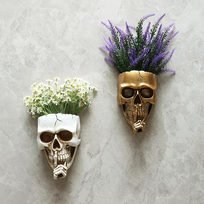 Skull Wall Planter for Indoor Outdoor Plants, Hanging Skull Vase Unique Face Flower Pot Head Planters, White Resin Skeleton Gothic Planter for Home Decorations