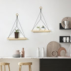 HVEST Macrame Wall Hanging Shelf Set of 2, Black Geometric Macrame Wall Art Wooden Floating Hanging Shelf Black Woven Decor Plant Hanger Handmade Woven Tapestry for Bedroom Living Room Home Decor