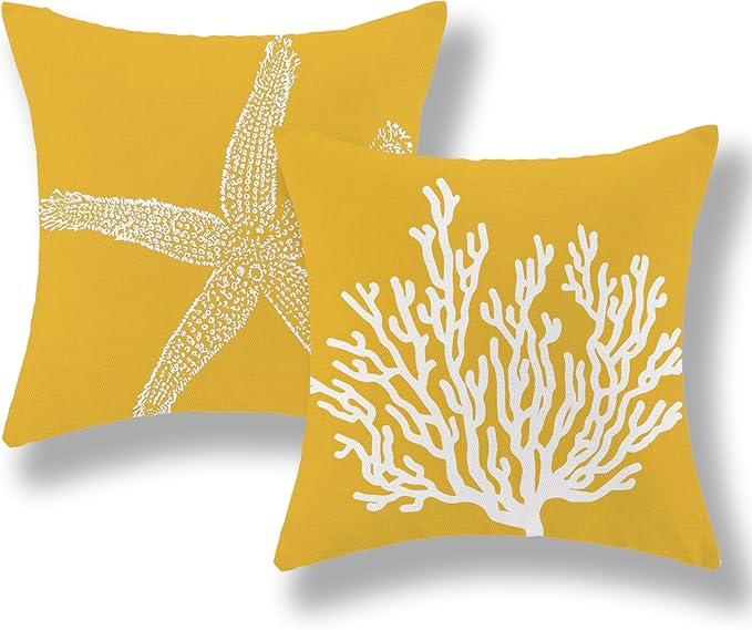 Coastal Pillow Covers 20x20 Set of 2 Yellow Coral Starfish Throw Pillows Nautical Ocean Decorations Summer Linen Beach Pillowcase Outdoor Decor Yellow Farmhouse Cushion Case for Home Bedroom