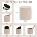 PINPLUS Round Storage Ottoman Foot Rest Stool with Tray Velvet Sherpa Folding Storage Ottoman,Boucle Foot Rest for Living Room, Bedroom, Dorm,Beige Color