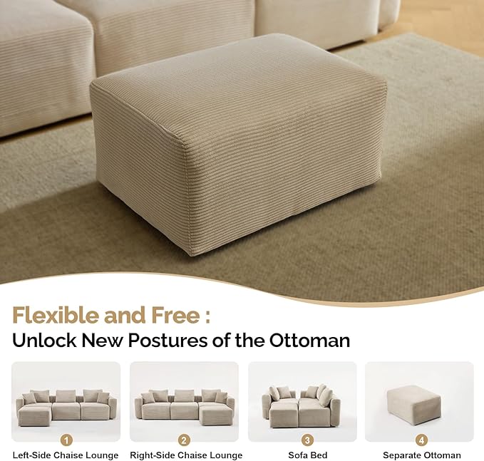 VINGLI Movable Ottoman for Corduroy Cloud Sectional Couches,Khaki