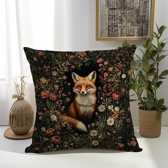 YOU FOUND ME William Morris Abstract Vintage Floral Fox Design Velvet Throw Pillow Covers Home Decor, Retro Art Decor Pillowcase Cushion Cover for Bed Sofa Living Room, Square 18x18inch (Orange-Fox2)