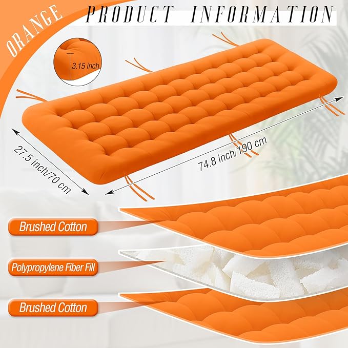 Long Floor Cushion Large Floor Cushion with Brushed Cotton 74.8 x 27.5 x 3.15 in Jumbo Lounger Pillow for Outdoor Indoor Bay Window Meditation Yoga Reading Sleeping(1 Pc,Orange)