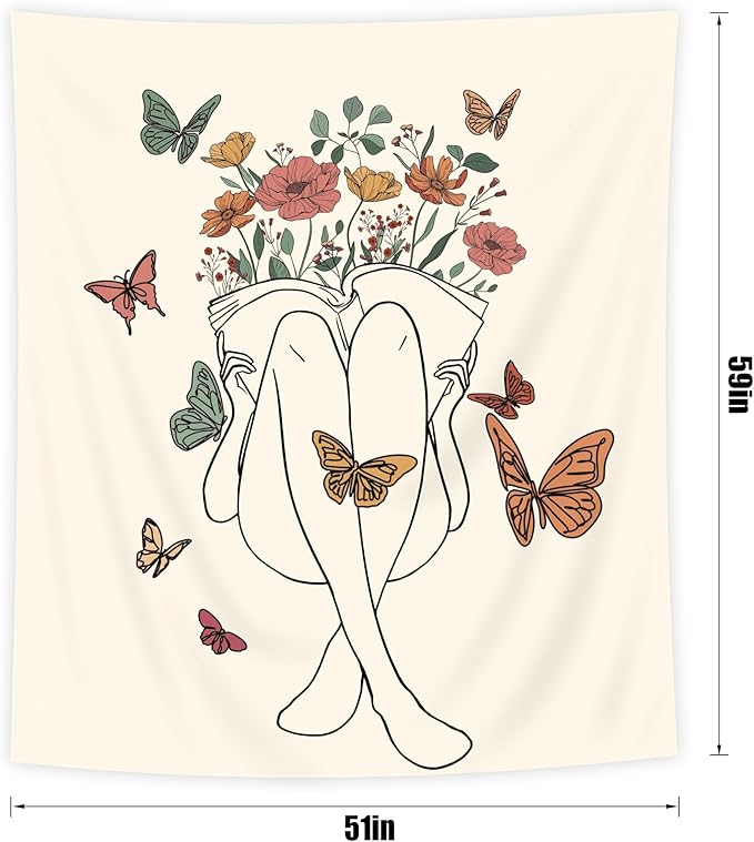 SVBright Abstract Woman Fabric Wall Hanging Tapestry 51Wx59H Inch Boho Butterfly Floral Reading Book Minimalist Aesthetic Modern Simple Line Sketch Beige Home Decor Art for Living Room Bedroom Dorm