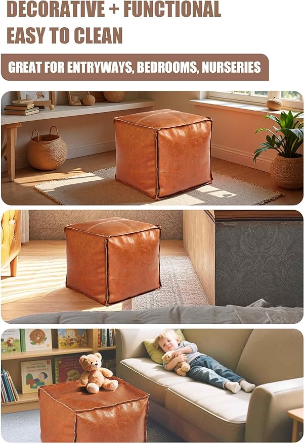 Faux Leather Unstuffed Pouf Ottoman – Square Floor Cushion Cover with Zipper Wear-Resistant & Easy to Clean Ideal for DIY Footrest or Home Storage（No Filler）