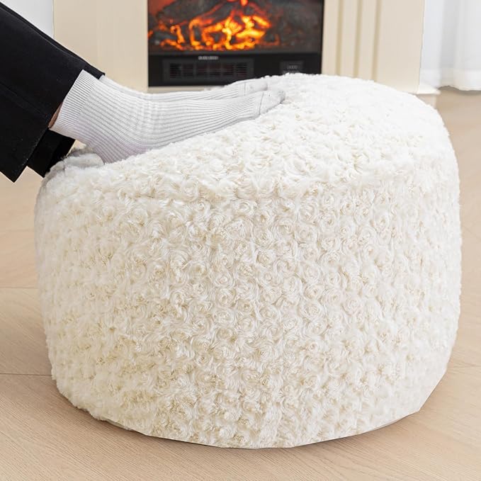 Unstuffed Pouf Ottoman Cover Handmade Footstool Ottoman Storage Solution Floor Pouf Footrest Cushion 20x12 Inches for Living Room Wedding Ivory