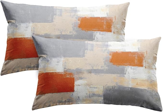 Britimes Throw Pillow Covers Modern Home Art Decor, 12 x 20 Inches Set of 2 Pillow Cases Decorative, Abstract Oil Painting Pillowcases for Bedroom, Living Room, Beige Orange