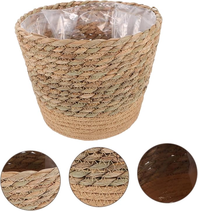 Straw Woven Plant Basket with Flat Base Handmade Flower Pot Holder for Indoor Home Decor Living Bedroom Office Use Natural Boho Style Woven Design