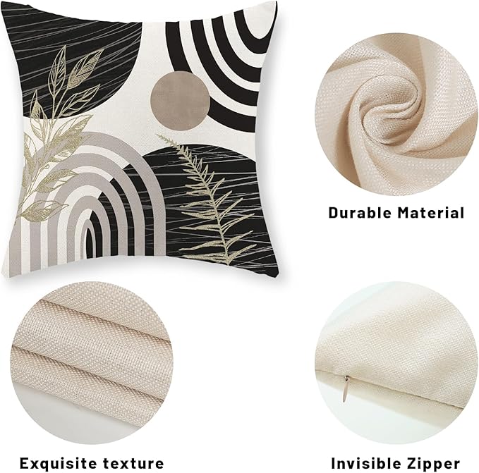 Boho Black Pillow Covers 18x18 Set of 2 Gold Leaf Tropical Mid Century Throw Pillows Outdoor Bohemian Abstract Modern Decorative Pillow Cases Farmhouse Linen Cushion Case for Couch Sofa Decor