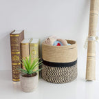 TIMEYARD Sturdy Jute Rope Plant Basket Modern Woven Basket up to 7.5 Inch Flower Pot Floor Indoor Planters, 8” x 8” Storage Organizer Baskets Rustic Home Decor, Black Stripes