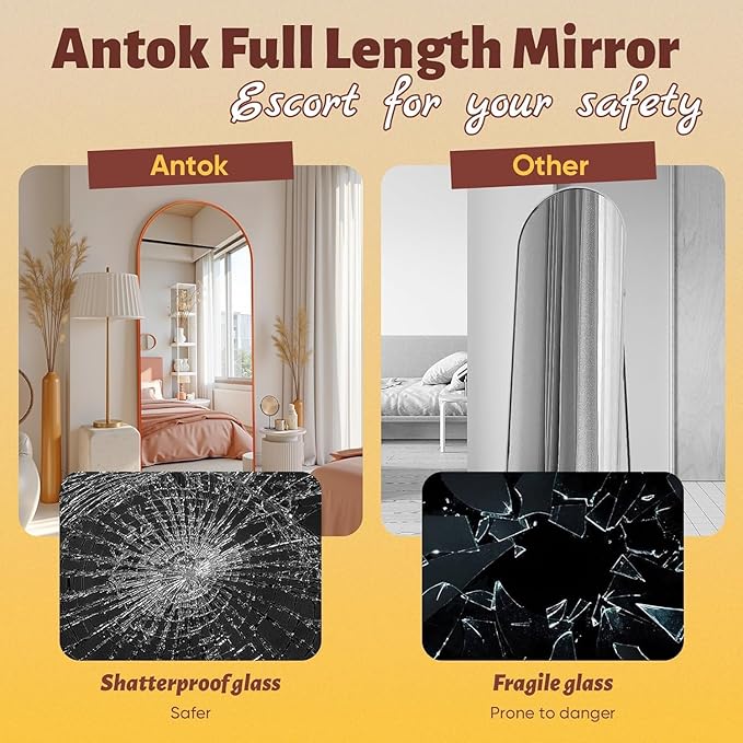 Antok 58" x18” Arched Full Length Floor Mirror, Orange Aluminum Frame, Free Standing/Wall Mount/Leaning for Bedroom, Living Room, Dressing Room
