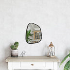 Asymmetrical Mirror for Wall Irregular Oval Wood Frame Modern Unique Wall Mirror Decorative Vanity Bathroom Living Room Bedroom Entryway Hallway Artistic Wavy Mirror Small 14"x10"
