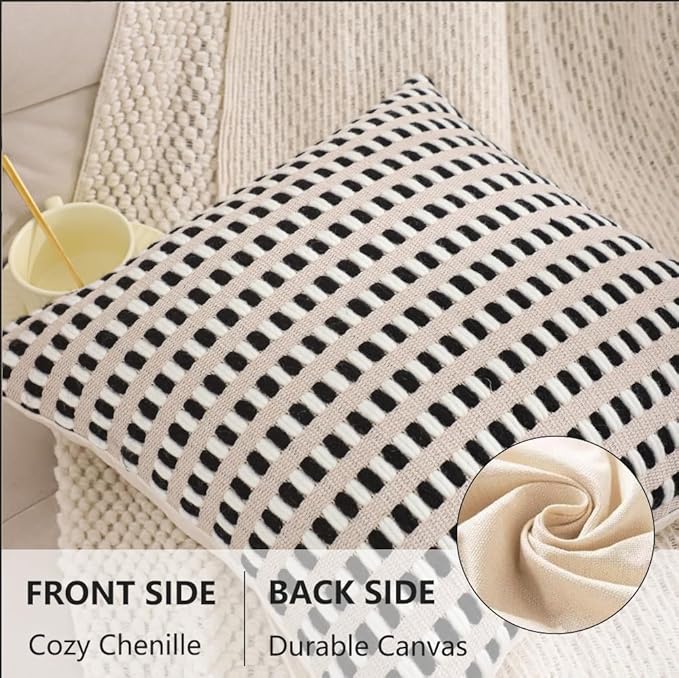 Tosleo Black and White Pillow Covers 18x18 Set of 2 Boho Throw Pillow Covers Stripe Tufted Decor Pillow Cases Accent Chenille Pillowcases Farmhouse Cushion Case Bohemian Nuetral Textured Pillow Cover
