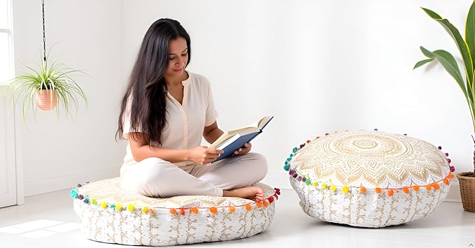 INDIAN CRAFT CASTLE ICC Mandala Barmeri Large Floor Pillow Cover Cushion Meditation Seating Ottoman Throw Cover Hippie Decorative Zipped Bohemian Pouf Ottoman Cases White Gold, 18" Round