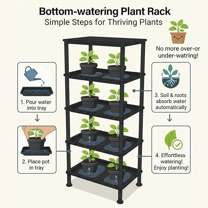 5-Tier Seed Starter Trays, Plant Stand with LED Grow Light (Auto-Timer), Bottom Watering Designed for Indoor Greenhouse Plants, Fits Small Pots & Seedling Cell Trays - Black
