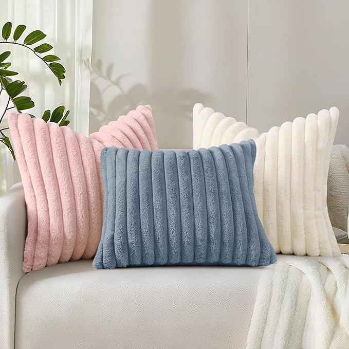 decorUhome Summer Cozy Faux Fur Throw Pillow Covers 18x18 Set of 2 Decorative Soft Plush Striped Modern Farmhouse Boho Couch Pillow Cases with Velvet Back for Sofa Bed Living Room, Cream White