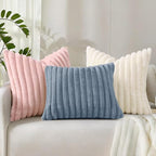 decorUhome Summer Cozy Faux Fur Throw Pillow Covers 24x24 Set of 2 Decorative Plush Striped Modern Farmhouse Boho Couch Euro Sham Pillow Cases with Velvet Back for Sofa Bed Living Room, Cream White