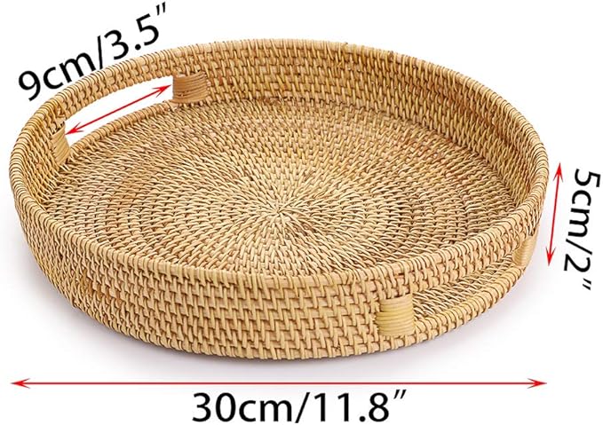 Hipiwe Round Rattan Serving Tray with Handles, Hand-Woven Decorative Organizer Tray for Storage Breakfast Drinks Snack, Centerpiece Fruit Basket for Home Decoration,Large