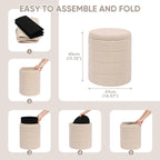 PINPLUS Round Storage Ottoman Foot Rest Stool with Tray Velvet Sherpa Folding Storage Ottoman,Boucle Foot Rest for Living Room, Bedroom, Dorm（Beige）