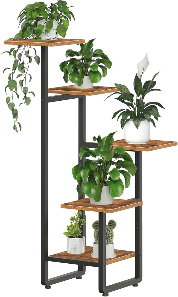 HOOBRO Plant Stand Indoor, 5 Tiered Corner Plant Shelf Flower Stand for Multiple Indoor Plants, Square Plant Flower Display Shelf for Living Room, Balcony, Patio, Rustic Brown and Black BF06HJ01