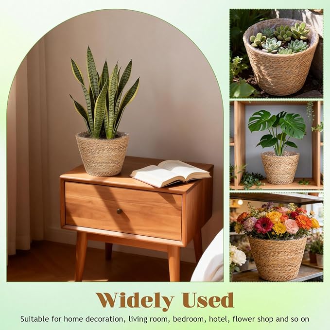 Healifty Woven Plant Baskets with Liner: 2Pcs Round Wicker Seagrass Planter Pots Rattan Straw Baskets Covers for Indoor Outdoor Flower Plants Rustic Home Farmhouse Garden Decor 9.05 X 9.05 X 6.49''