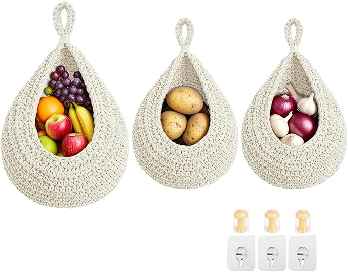 Hanging Fruit Baskets for Kitchen, 3 Pack Boho Cotton Rope Handwoven Vegetable Storage Wall Mounted Large Organizing Basket for Farmhouse Decor, Onion, Potato, Garlic and Plants (White)