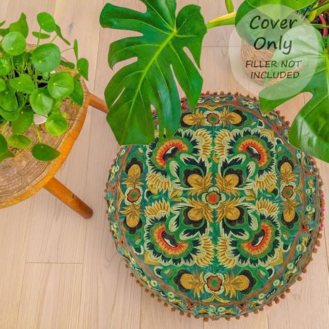 Mandala Life ART Green Round Velvet Pouf Cover - Soft Embroidered Ottoman Slipcover with Moroccan Design, 24 Inch Diameter, Ideal for Living Room, Bedroom, or Meditation Space - Floow Pillow Cushion
