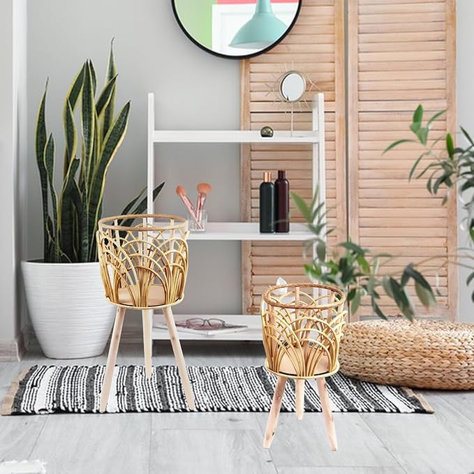 Wnvivi Raised Wooden Planter Stand,Handwoven Boho Flower Pot on Wooden Standing Legs,Tall Floor Plant Display Holder Basket for Living Room Decor(S)