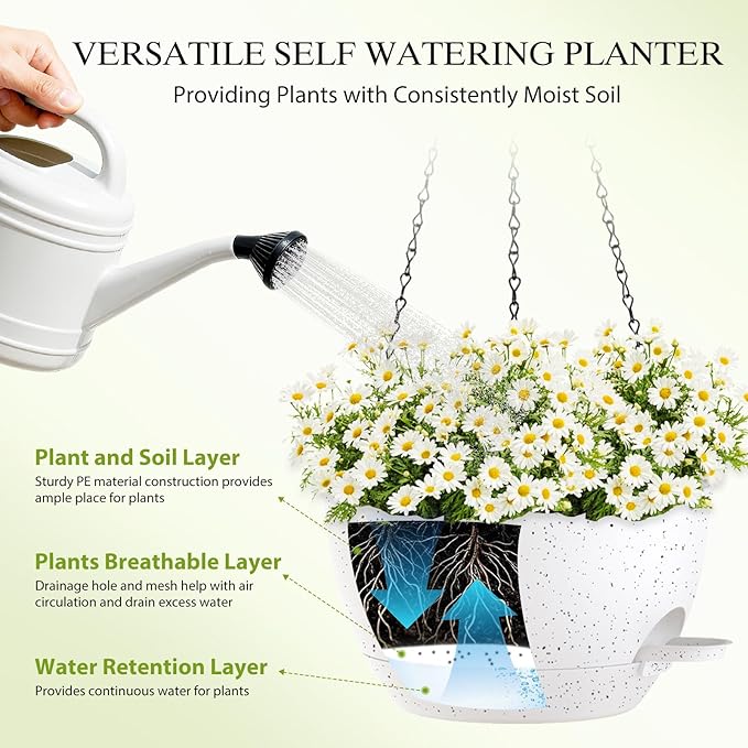 12 Inch Hanging Baskets 2 PC with Chains, Self-Watering Hanging Planters for Indoor Outdoor Plants, Plastic Hanging Flower Pots,Speckled White