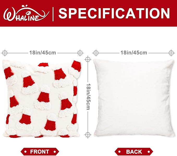 Whaline 2 Pcs Christmas Tufted Throw Pillow Covers Xmas Red White Candy Santa Hat Pillowcase Winter Pillowslip Cushion Cover for Sofa Couch Bed Home Party Decor, 18 x 18 Inch
