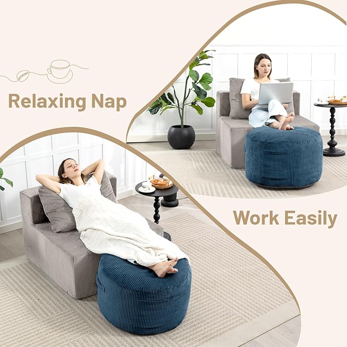 Round Stuffed Pouf Ottoman,Corduroy Foot Rest with Rebound Foam Filled, Furry and Fluffy Foot Stool Ottoman,26"*18" Floor Poufs for Living Room (Blue, 26" D x 26" W x 18" H)