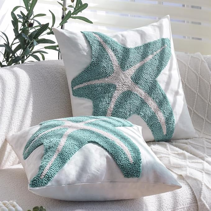 Tufted Starfish Throw Pillow Cover Set of 2, 18x18 Inch Beachy Coastal Decor Pillows for Couch Bed Sofa, Soft Canvas Decorative Pillow Covers with Ocean Theme Accent, Sea Star Tufting Pillowcases