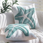 Tufted Starfish Throw Pillow Cover Set of 2, 18x18 Inch Beachy Coastal Decor Pillows for Couch Bed Sofa, Soft Canvas Decorative Pillow Covers with Ocean Theme Accent, Sea Star Tufting Pillowcases