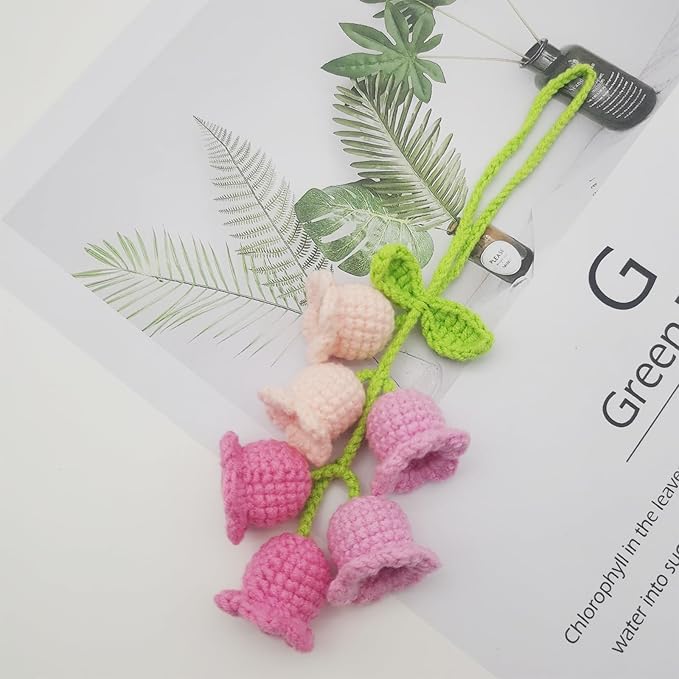 Car Rearview Mirror Hanging Ornament, Crochet Flower Basket Plant Accessories, Handmade Knitted Car Ornament Boho Accessories for Women (Lily of The Valley(Pink))