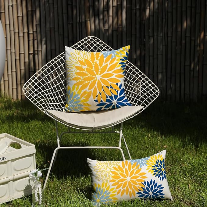 DFXSZ Yellow Blue Flower Pillow Covers 12x20 Inch Set of 2 Outdoor Throw Pillows Outdoor Waterproof Decor for Living Room Sofa Patio Funiture Garden Floral Polyester Pillow Covers 002J12