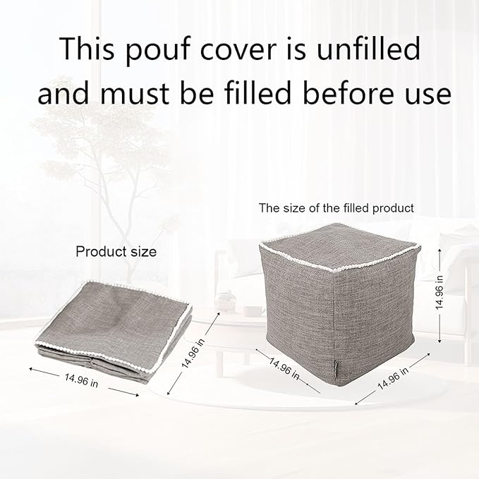 Louis Donné Unstuffed Storage Pouf Ottoman Cover 45x45 Cotton Linen DIY Decorative Footrest for Living Room Bedroom Home Office Replacement (Only Cover)
