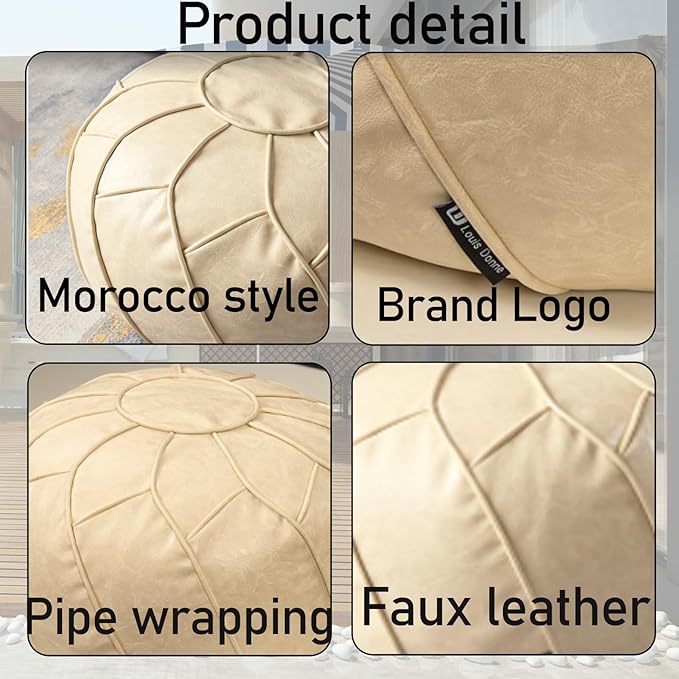 Louis Donné Unstuffed Pouf Ottoman Cover, Round Handmade Waterproof Faux Leather Foot Stool Ottoman, Storage Bean Bag Floor Chair, Footstool for Living Room Kids Room or Bedroom ONLY Cover(Off-White)