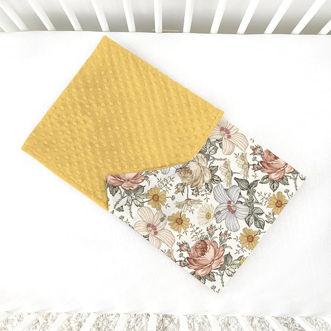 Boho Retro Floral Baby Blankets for Girls 30" x 40", Brown Flower Soft Double Layer Minky Blanket with Dotted Fleece Back, Nursery Bed Receiving Quilt for Newborn Infant Toddler Shower Gift