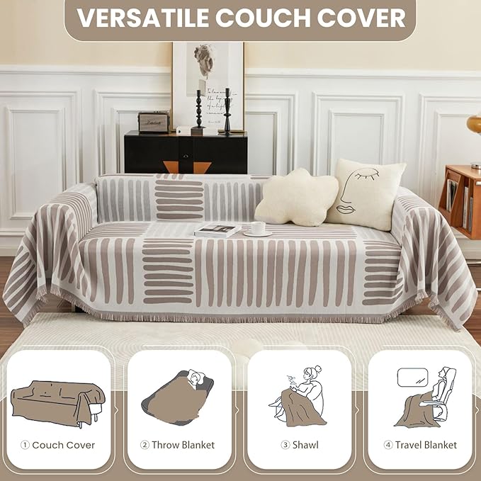 ROOMLIFE Chenille Couch Cover for Sectional Couches, 3 Cushion Sofa Cover Pet-Friendly Anti-Slip Stretchable Sofa Slipcovers Furniture Protector Fits Loveseat Recliner, 71x118 Inch (Khaki Striped)