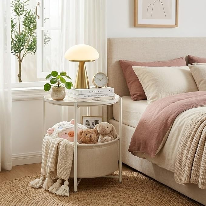 danpinera Round Side Table with Fabric Storage Basket, Metal Side Table Small Bedside Nightstand with Removable Tray Top for Living Room, Bedroom, Nursery, Laundry, White