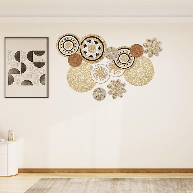 13 Pack Boho Wall Basket Decor Set, Hanging Woven Seagrass Rattan Wicker Boho Wall Decor, Round Farmhouse Wall Hanging Baskets Rustic Flat Wall Art for Living Room Bedroom Kitchen (Style 10)