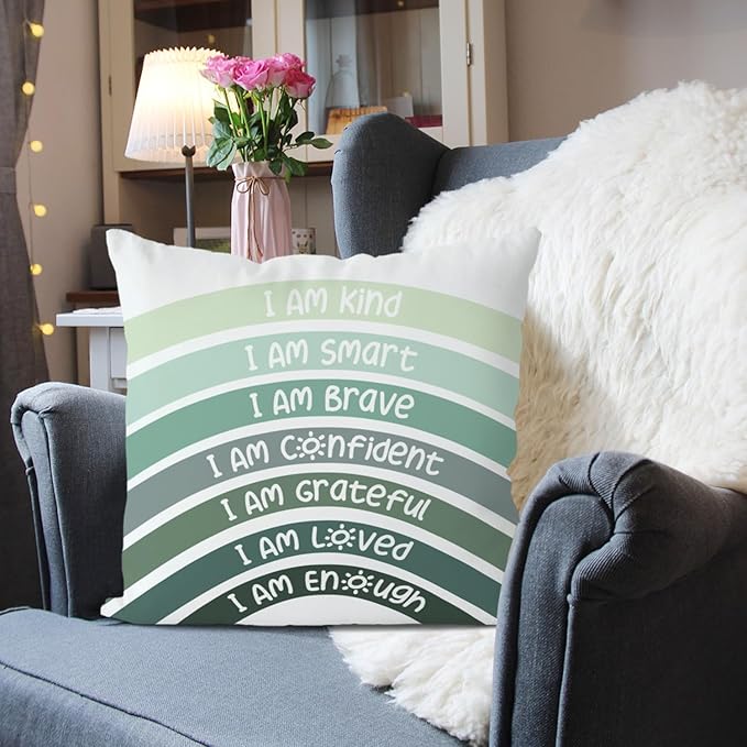 QIYUHOY Boho Sage Eucalyptus Green Rainbow Classroom Throw Pillow Covers, Olive Green Pillow Cover, Book Center Calming Corner Playroom Decor Pillow Case,I Am Kind Smart Brave Confidence,22x22 Inch