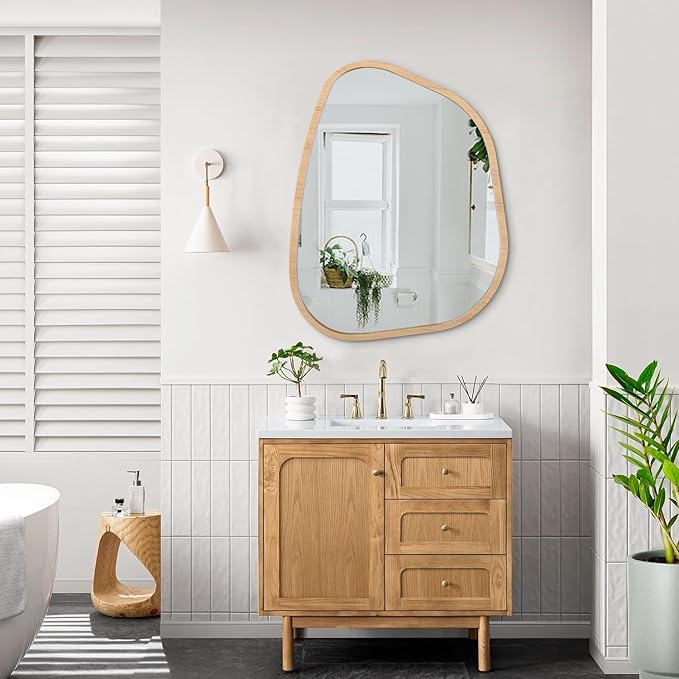 Irregular Bathroom Mirror Modern Wall Mirror Asymmetrical Wooden Framed Wall Mirror Unique Shape Wall Mounted Vanity Artistic Mirror Decor for Living Room Bedroom Entryway Large 26"x18"